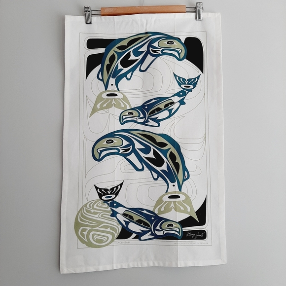 ๐4 for $20๐ Native Art Print Tea Kitchen Towel Salmon Design Blue & Green - Picture 15 of 15